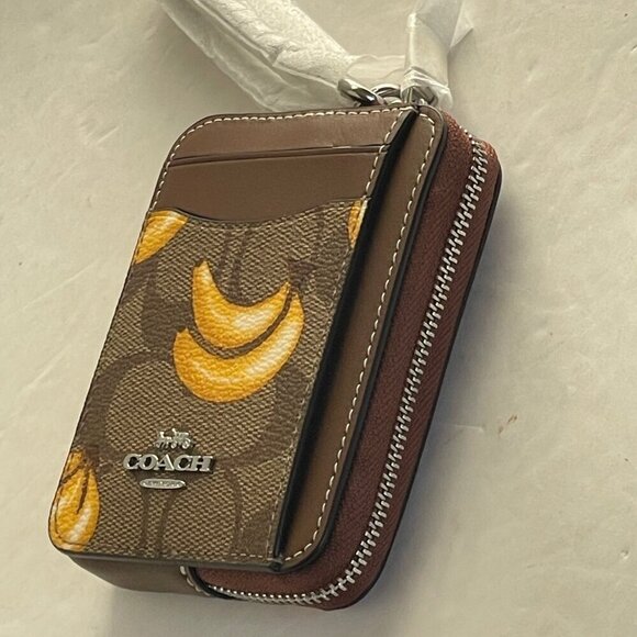 Coach Zip Card Case Banana CR833 ID Wallet Brown Canvas Leather Chain Strap - Picture 2 of 8